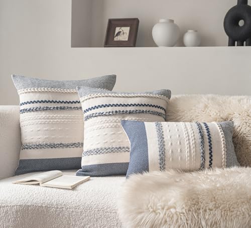 Cethom Boho Throw Pillow Covers 18x18 Inch Set of 2, Navy Blue Textured Decorative Couch Pillow Cases for Farmhouse Home Decor, Accent Cushion Cover for Sofa, Bed, Living Room, Bedroom - color: Navy Blue, size: 18" x 18" (Pack of 2)