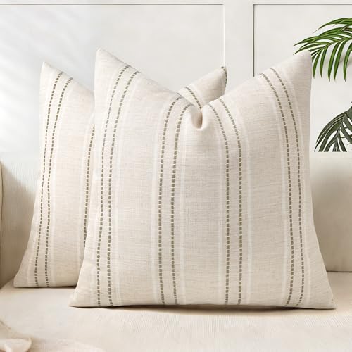 AELS 16x16 Decorative Farmhouse Linen Blend Throw Pillow Covers, Boho Textured Pillow Case, Set of 2, Beige with White & Brown Stitch Yarn Dyed Stripe Cushion Cover for Sofa Living Room (Cover ONLY) - color: Beige With White & Brown, size: 16" x 16" (Pack