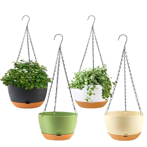KPUVX 4 Pack Hanging Baskets for Plants Outdoor,8 Inch Plastic Hanging Planter for Plants Indoor with Drainage Holes and Chain for Garden Porch Plants(White+Black+Green+Beige) - color: Multicolor, size: 8 inch