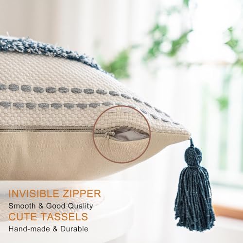 Boho Throw Pillow Covers 18x18 Set of 2 Woven Tufted Farmhouse Pillows Cover with Tassels Textured Striped Cushion Case Neutral Pillow Cases Decorative Pillowcase for Sofa, Couch, Bed, Dark Blue - color: Dark Blue, size: 18" x 18" (Pack of 2)