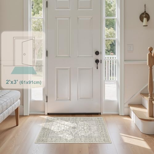 Tortania Area Rug 2x3 Doormat - Washable Vintage Oriental Farmhouse Soft Thin Indoor Carpet for Living Room Bedroom Hallway Entryway Kitchen - Beige Linen - color: Beige Linen, size: 2' x 3' (Rectangular)