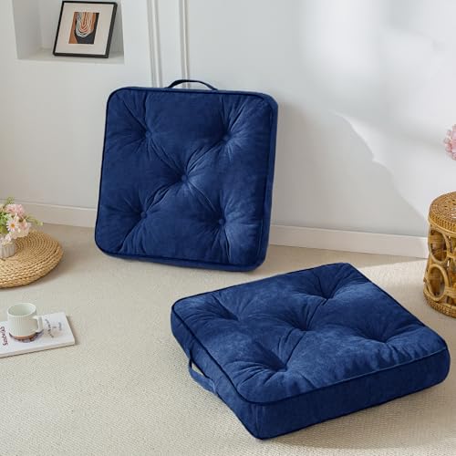 HIGOGOGO Large Floor Pillow Cushion for Adults, Meditation Cushion Pillow with Handle, Lustrous Chenille Tufted, Square Floor Sitting for Tatami Living Room or Yoga, 22x22 Inch, 2Pack, Navy - color: Square Navy, size: 4" Thick(Pack of 2)