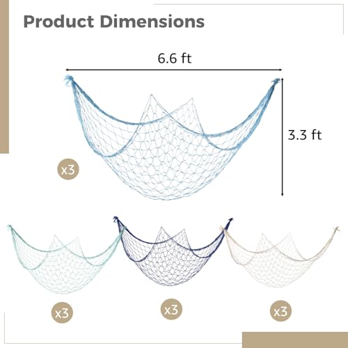12 Pcs Fish Net Decorations, 3.3 x 6.6 ft Nautical Party Decorations, Wall Hanging Cotton Fishnet Photo Wall Background for Underwater Beach Party Decoration