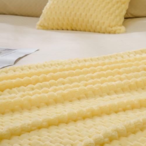 Vessia Flannel Fleece Queen Size Bed Blanket(90x90 inch), 3D Jacquard Light Yellow Fuzzy and Warm Blanket for Adults, 300GSM Super Soft Touch Cozy Lightweight Bed Decor for All-Season - color: Light Yellow-3d, size: 90x90 inch