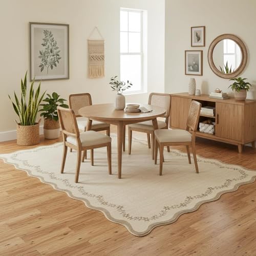 GarveeHome 6x9 Scalloped Area Rug Brown Washable Rugs for Living Room Bedroom, Soft Low Pile Non Slip Accent Floor Mat Solid Floral Print Throw Rug Farmhouse Indoor Carpet for Dorm Playroom - color: Jute, size: 6' x 9' (Rectangular)