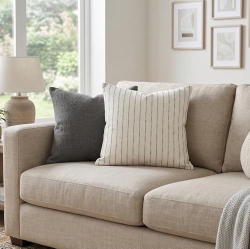 SanVia Cotton Throw Pillow Covers 20x20 – Handwoven Jacquard Texture, Fade-Resistant, No Pilling – Hidden Zipper, Decorative Cushion Cover for Sofa, Couch, Bed – Insert Not Included (Striped, White) - color: Light Gray, size: 20" x 20"