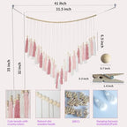 Macrame Hanging Photo Display Wall Decor, Macrame Photo Wall Hanging Boho Room Bedroom Wooden Beads Garland Picture Holder Photo Display Cilp with 30 Clip - color: Blush Pink White