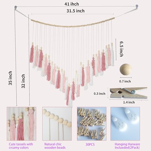 Macrame Hanging Photo Display Wall Decor, Macrame Photo Wall Hanging Boho Room Bedroom Wooden Beads Garland Picture Holder Photo Display Cilp with 30 Clip - color: Blush Pink White
