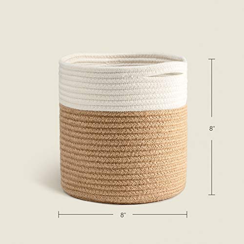 TIMEYARD Jute Rope Plant Basket Small Woven Storage Baskets for Up to 7" Planter, 8" x 8" Decorative Plant Pot Cover Woven Planter Basket Laundry Baskets with Handles Modern Home Décor - color: Jute Mixed White, size: 8" x 8"