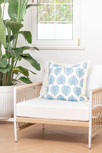 Hofdeco Premium Coastal Hampton Style Patio Indoor Outdoor Pillow Cover Only, 20"x20" Water Resistant for Backyard, Couch, Baby Blue Monstera Leaf Fringe - color: Baby Blue Monstera Leaf, size: 20" x 20" (Pack of 1)