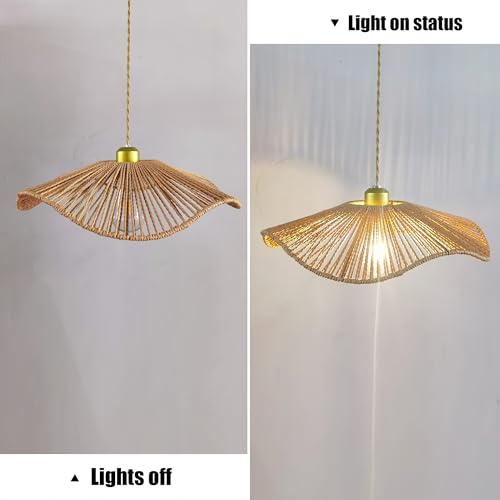 Boho Rattan 16-inch round Pendant Light E26 lamp holder,height adjustable Restaurant chandelier Rattan light fixture Chandelier Woven Hanging Light Fixture for Bedroom Entryway Kitchen Island - color: Light brown-10, size: 16-inch