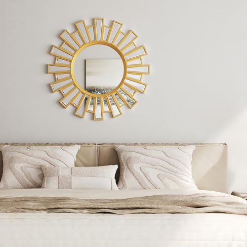 Uniclinens Modern Round Sunburst Mirror Gold - Large Boho Sunburst Mirror Wall Decor,Circle Sun Wall Decor for Bedroom Living Room Hallway Bathroom Entrance,24"