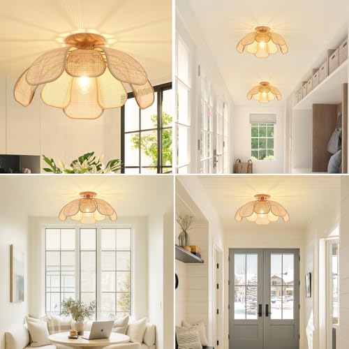 20 Inch Boho Flower Ceiling Light Flush Mount Farmhouse Rattan Light Fixtures for Bedroom Kitchen Dining Room Foyer Hallway Entryway - size: 20 Inch Flush Mount