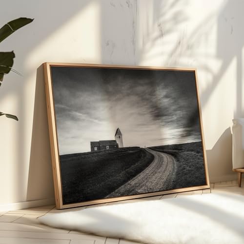 Monem Art Stone Church Under a Cloudy Sky Print - Trans Kirke Lemvig Poster - Landscape Art - Monochrome Office or Bedroom Decor - 8x10 Unframed Wall Art by Adam Dauria - color: Style-10, size: 8"L x 10"W