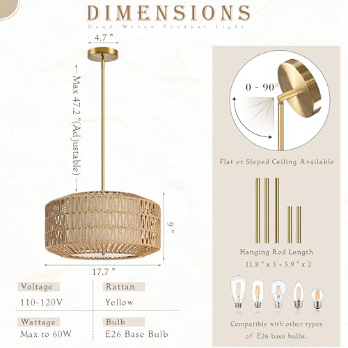 18 inch Natural 3 Light Rattan Light Fixture Woven Pendant Lights Rattan Farmhouse Chandeliers Fabric Shade Boho Chandelier for Dinning Room Kitchen - color: 18"-Natural-Prism