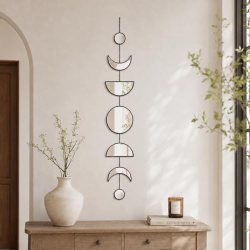 7 Pcs Moon Phase Wall Decor, Acrylic Mirror with Wooden Backboard, Boho Hanging Moon Cycle Wall Art for Bedroom Living Room Home Decor - color: Black（style 2）