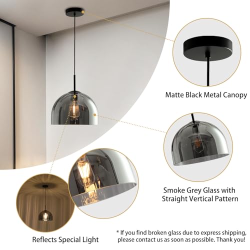 Modern Dome Pendant Lighting Fixtures, 11.8 Inch Large Dome Boho Chandelier, Rustic Farmhouse Industrial Hanging Lamp Ceiling Lights with Grey Glass Bell Lampshade for Kitchen Island - color: Smoke Grey, size: 30CM