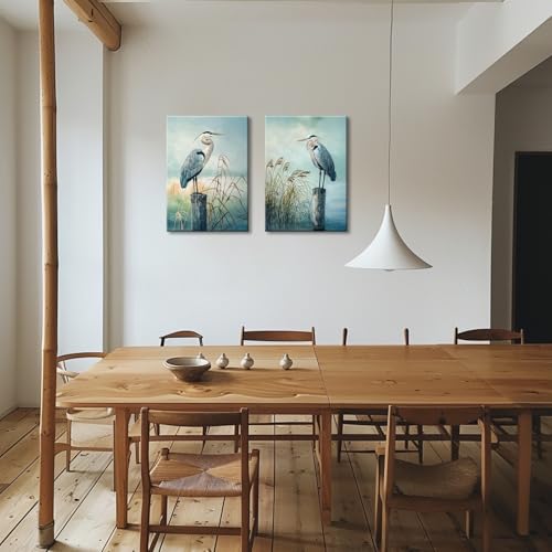 2 Piece Heron Canvas Wall Art Cyan Bird Picture Artwork Coastal Birds Print Painting Modern Birds Picture Poster Framed for Living Room Bedroom Barhroom Wall Decor - color: Cyan, size: 36"L x 24"W