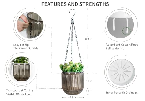 Josteve 5.2 Inch 2 Pcs Self Watering Hanging Planter Indoor Plant Pots Drainage Holes, Outdoor Small Hanging Planters Flower Pot Basket, Visible Water Level, Plant Hanger Home Decor, Gardening - color: Gray, size: 2*5.2 inch