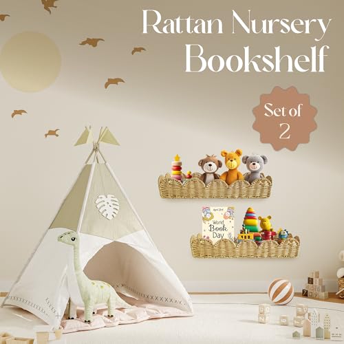 Rattan Nursery Book Shelf, Woven Scalloped wall Shelves, Wicker Hanging Storage Basket, Baby Room Bookshelf, Wall Mounted Natural Baskets Boho Home Decor, Set of 2