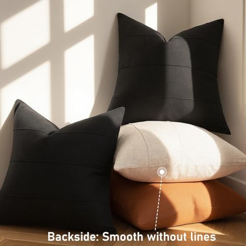 ZWJD 12x20 Pillow Covers Set of 2 Decorative Linen Lumbar Pillow Covers Solid Handcrafted Striped Cushion Covers for Bed Soft Modern Farmhouse Neutral Pillowcase for Couch Bedroom Living Room (Black) - color: Black, size: 20" x 12" (Pack of 2)