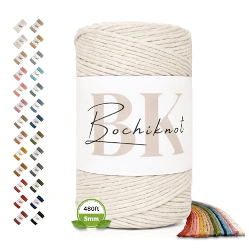 BOCHIKNOT Single Strand Macrame Cord 5mm x 160yds (150m) – Soft Cotton Macrame Rope for Beginners, Easy to Knot for Wall Hangings, Plant Hangers, Fringe and DIY Crafts (Natural) - color: Natural, size: (5mm x 146m) - Single Strand Twist