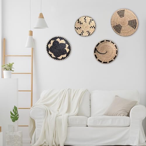 Round Wicker Basket Wall Decor, Set of 4 Hanging Woven Wall Basket Decor Black, Boho Wall Basket Decor Art for Farmhouse Living Rooms Bedrooms Display