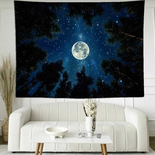 keowhsf Forest Galaxy Tapestry for Bedroom Ceiling - Starry Night Sky with Moon and Trees, Blue Aesthetic Wall Hanging, Milky Way Landscape Backdrop for Living Room and Dorm Decor - color: StarryNight, size: 80"L x 60"W