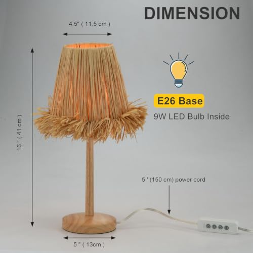 Boho Style Rattan Table Lamp,Dimmable Bamboo Desk Lamp,Timer Build in,Raffia Shade - color: Raffia