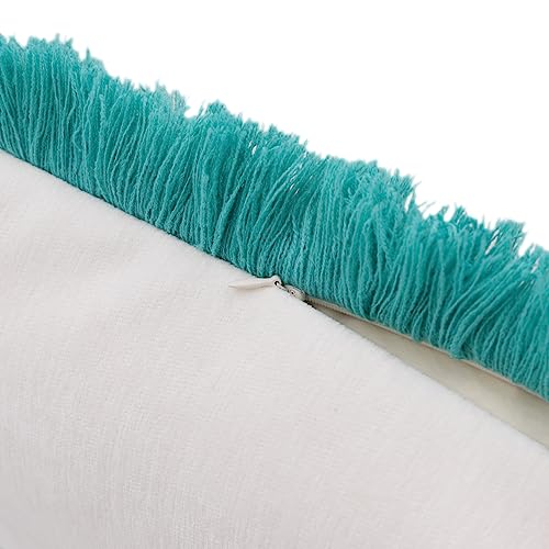JWH Blue Green Peacock Throw Pillow Cover Flower Print Pillow Case Decorative Chenille Flowers Cushion Tassel Pillowcase for Bed Living Room Chair 14x20 Inch