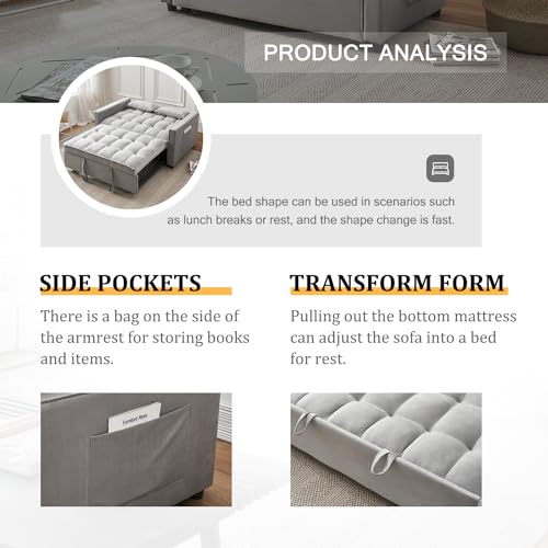 3-in-1 Loveseat Sleeper Sofa, Modern 55.5" Pull Out Couch, Velvet Upholstered Futon Sofa Bed with Adjustable Backrest, Convertible Sofa Bed with Storage Pockets for Living Room(Light Grey) - color: Grey