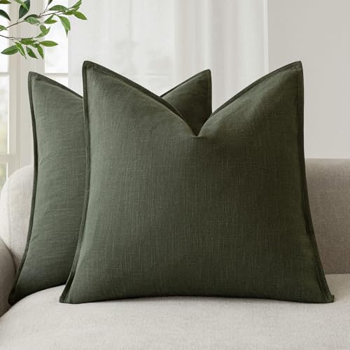 Foindtower Pack of 2, Decorative Linen Solid Throw Pillow Covers Soft Accent Cushion Case Farmhouse Neutral Pillowcase for Chair Couch Sofa Bedroom Living Room Home Decor 16x16 Inch Olive Branch Green - color: Rifle Green, size: 16" x 16" (Pack of 2)