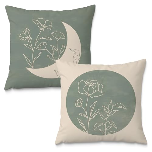 Boho Sage Green Floral Plant Pillow Covers 18x18 Set of 2, Sun and Moon Decorative Pillow Covers for Couches and Sofas, Line Plant Pillow Covers, Abstract Boho Throw Pillow Covers - color: Sunandmoon-02