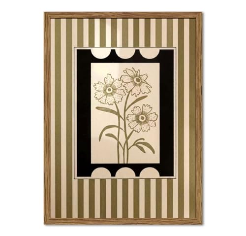 Modern Boho Flower Wall Art Abstract Plant Floral Wall Decor Painting, Vintage Botanical Striped Poster Canvas Print Picture for Living Room Bedroom 12x16 inch Wood Framed - color: Floral E, size: 16"L x 12"W