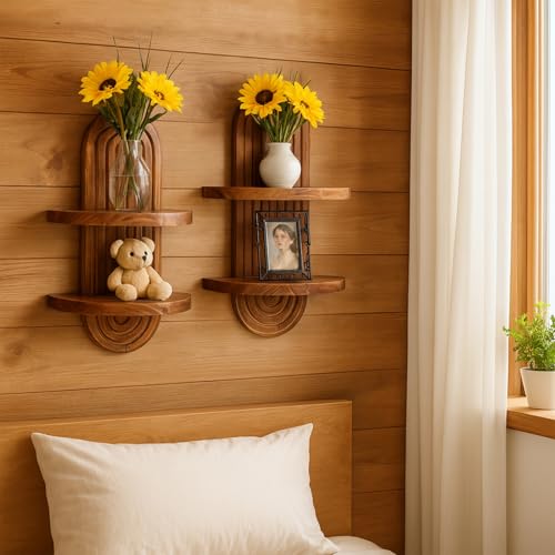 Artilady 2 Pack Shelf Wall Decor Boho Wood Floating Shelves 2 Tier Plant Holder Trinket Storage Rack Rainbow Hanging Decor for Home Bedroom Living Room Office Nursery - color: 2 Dark Brown
