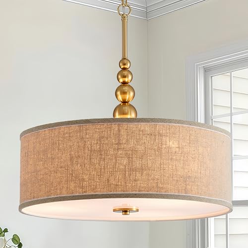 Shrine Lighting Drum Chandeliers, Farmhouse Style, Perfect Drum Pendant Light for Dining Room, D20'' x H7'', Adjustable Chains 59'', E26*3 Sockets, Beige Linen Fabric Lampshade & Gold Rod - color: Beige&Gold D20''