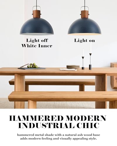 ELYONA 2 Pack Large Ash Wood Pendant Light Fixtures 16 Inch Hammered Metal Dome Hanging Lamp with Brass Handle Chandeliers for Farmhouse Kitchen Island Dining Room Sink Bedroom Hallway, Modern Blue - color: Blue - 2 Pack