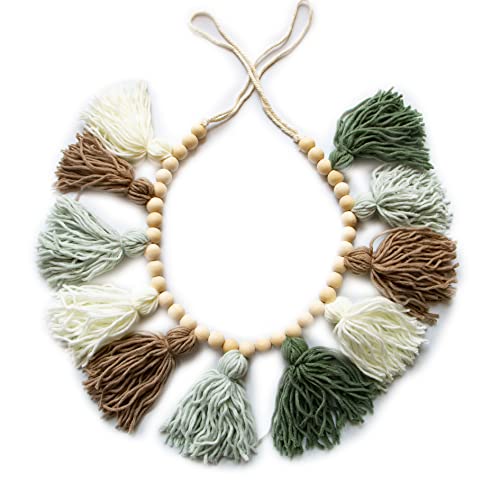 Tassel Garland - Boho Tassel Garland with Wood Beads - Wall Decor for Dorm, Girls Room and Nursery Room - Olive Green (36 inch) - size: 36 inch