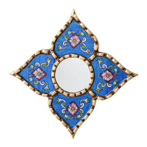 Peruvian Painted Glass Mirror with Bronze Leaf Framed - Handmade Diamond Mirror 6in for Gallery wall (Blue) - color: Blue
