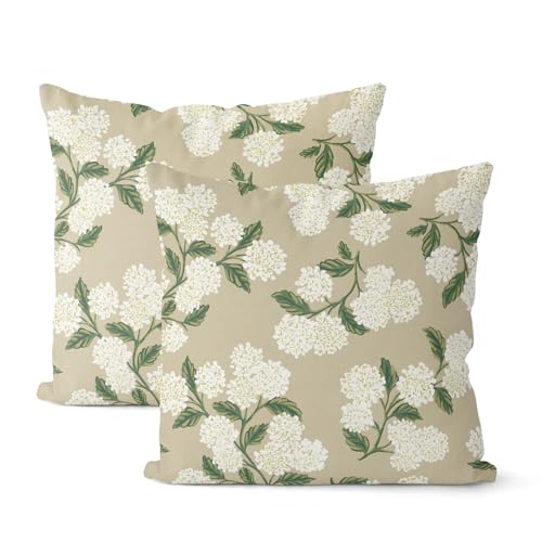 Beige Spring Pillow Covers 16x16 Inch 2 Pcs Khaki Green Hydrangea Flower Decor Throw Pillows Vintage Floral Seasonal Summer Outdoor Decoration Pillowcase Linen Cushion Cover for Couch Sofa - color: Beige Hydrangea, size: 16" x 16" (Pack of 2)