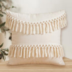 Boho Decorative Throw Pillow Cover 18x18 Inch Cozy Bohemian Macrame Cushion Cover Square White Cotton Pillow Case with Tassels for Couch Sofa Bed Bench Car Farmhouse Home Decor