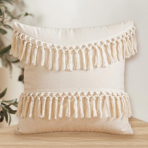 Boho Decorative Throw Pillow Cover 18x18 Inch Cozy Bohemian Macrame Cushion Cover Square White Cotton Pillow Case with Tassels for Couch Sofa Bed Bench Car Farmhouse Home Decor