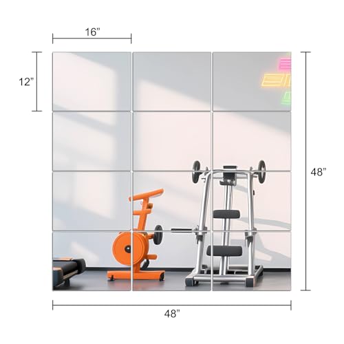 Ruomeng Home Gym Mirror Tiles - 12" x 16" x 12Pcs Frameless Full Length Wall Mirror Tiles Wall Mounted Mirror for Vanity Bedroom, Living Room - size: 16"x12"-12pcs
