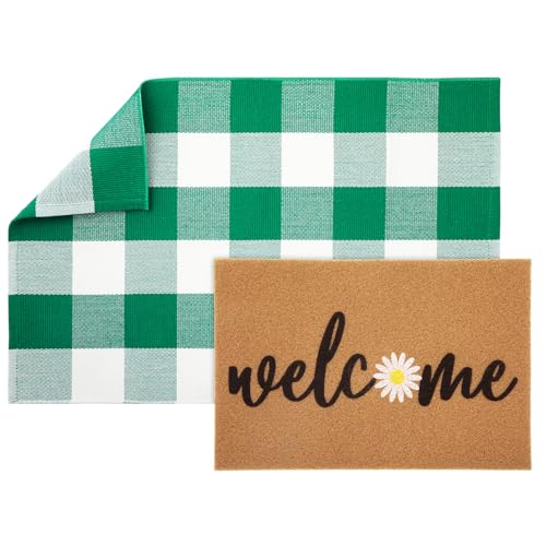2 Pcs Door Mat Combo Set Layered Outdoor Rug and Coir Welcome Doormat Non Slip Floor Mat for Front Porch Entryway Outside Indoor Decor(Green Daisy,24'' X 35'',24'' X 16'') - size: 24'' X 35'',24'' X 16''