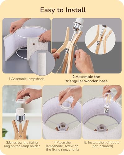 EDISHINE Tripod Table Lamp, 17.5" Modern Bedside Lamp with Natural Wood-Colored Lamp Legs & Beige Linen Lampshade, Boho Nightstand Lamp for Bedroom, Living Room, Reading Room, E26 Base - color: Beige