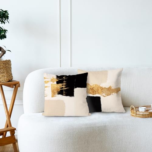 Black Beige and Gold Abstract Pillow Covers 20x20 Double-Sided, Mid Century Modern Decorative Throw Pillow Covers for Living Room Bedroom, Modern Home Decor, Black and Gold Decor, Set of 2 - color: Black Beige Gold, size: 20" x 20" (Pack of 2)