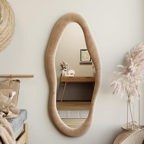 Honyee 55" x 24" Wall Mirror, Flannel Wrapped Wooden Frame Wavy Mirror, Irregular Mirror Hanging for Cloakroom/Bedroom/Living Room, Milk Tea - color: Milk Tea, size: 55"L x 24"W