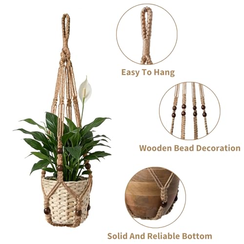 Macrame Plant Hanger 3 Pack, Jute Hanging Planter Holder Set, Brown, 35/29/23 in,with 3 Ceiling Hooks and 3 S Hooks,Suitable for Indoor and Outdoor Home Decor (Pots and Plant Not Included) - color: Brown