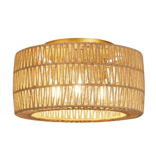 Boho Light Ceiling Fixture Flush Mount Rattan Woven Basket Chandelier for Bedroom Living Room Dining Kitchen, Modern Gold Wicker Lamp for Hallway Entryway Coastal Farmhouse