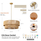 23.6'' Boho Rattan Chandelier Hand Woven Chandelier Light Fixture 3-Light Farmhouse Drum Pendant Light for Dining Room Bedroom Kitchen Hallway Foyer - color: 23.6" Rattan Gold